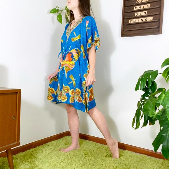 80s Vintage Orange Green Blue Butterfly Dragonfly Print Kaftan Swimsuit Coverup - Picture 2 of 4